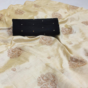 Cream-Brown Embroidered Assam Silk Saree
