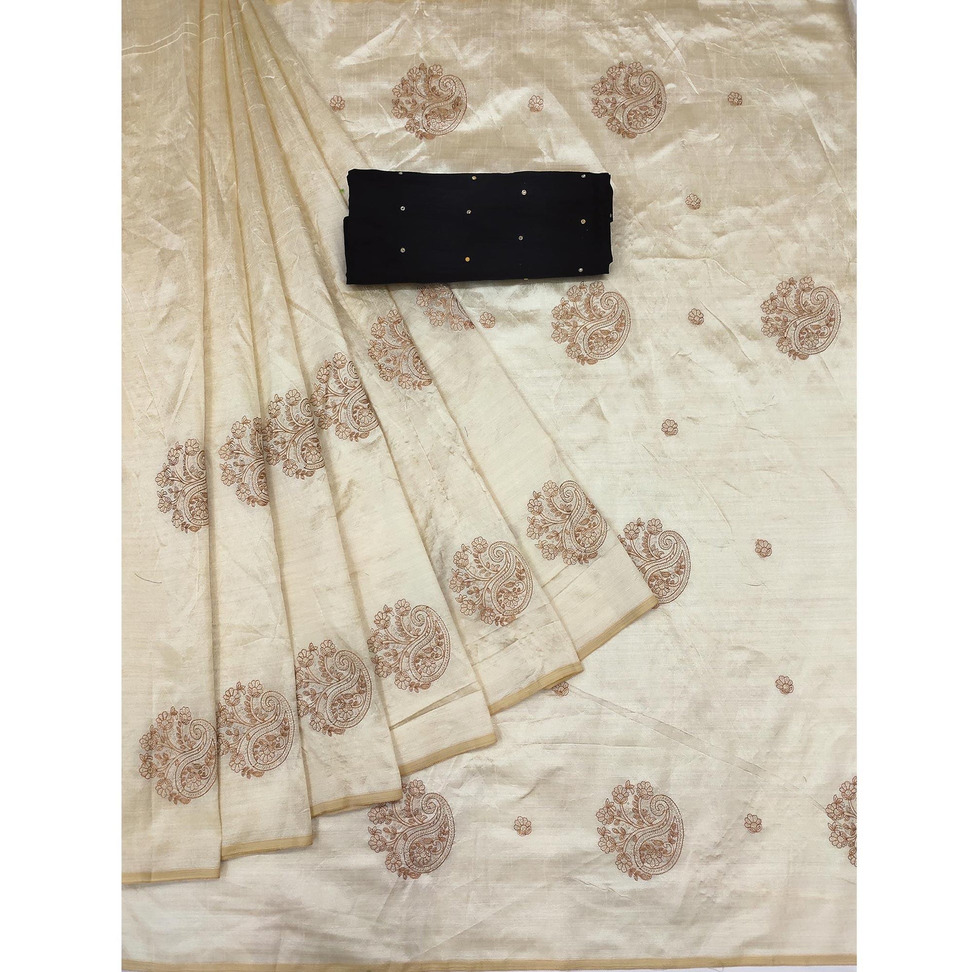 Cream-Brown Embroidered Assam Silk Saree