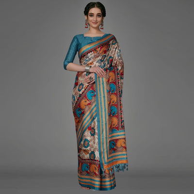 Cream Casual Art Silk Printed Saree With Unstitched Blouse