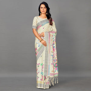 Cream Casual Art Silk Printed Saree With Unstitched Blouse