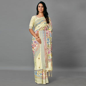 Cream  Casual Art Silk Printed Saree With Unstitched Blouse