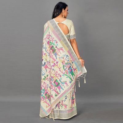 Cream Casual Art Silk Printed Saree With Unstitched Blouse