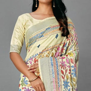 Cream  Casual Art Silk Printed Saree With Unstitched Blouse