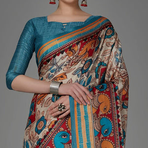 Cream Casual Art Silk Printed Saree With Unstitched Blouse