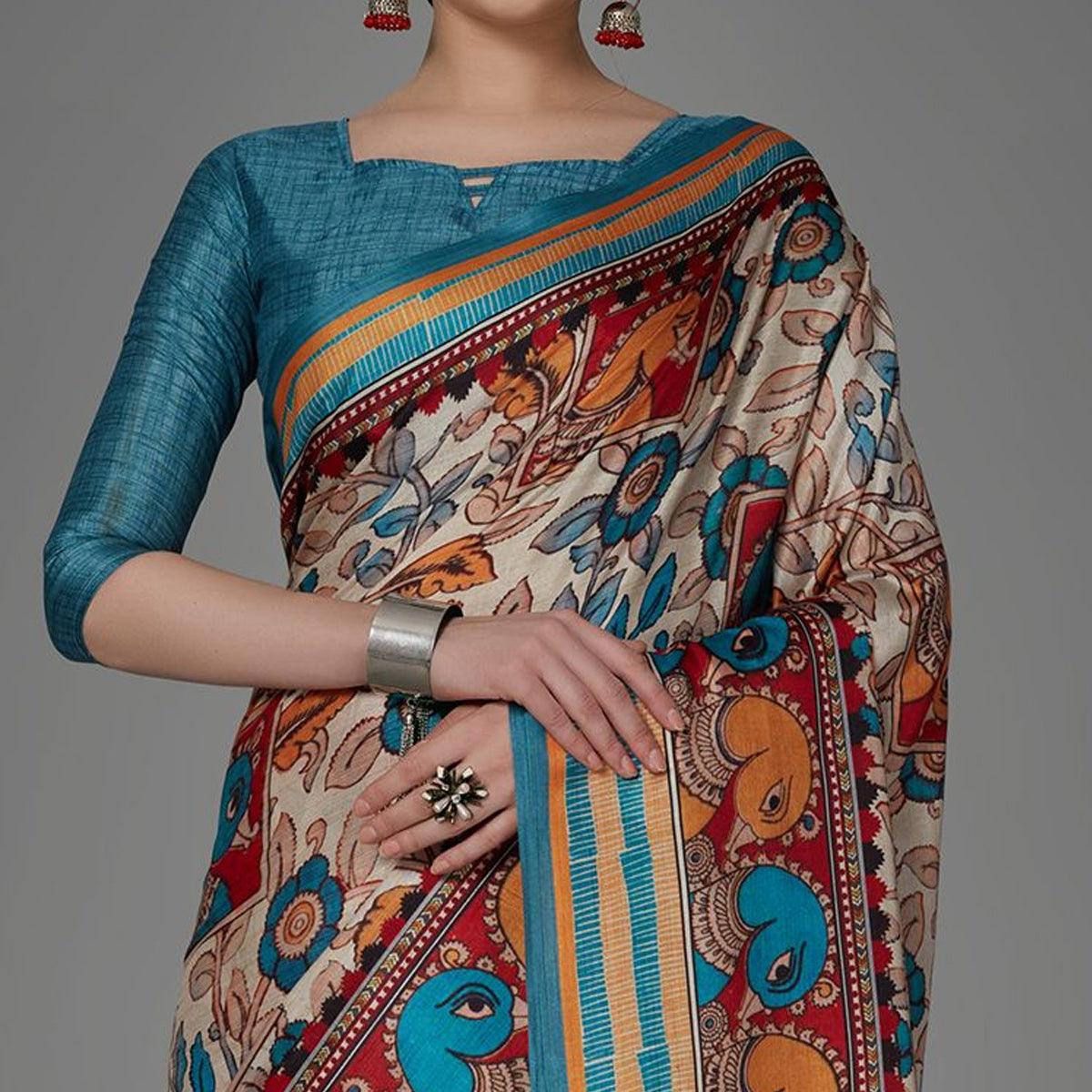 Cream Casual Art Silk Printed Saree With Unstitched Blouse