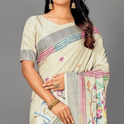 Cream Casual Art Silk Printed Saree With Unstitched Blouse