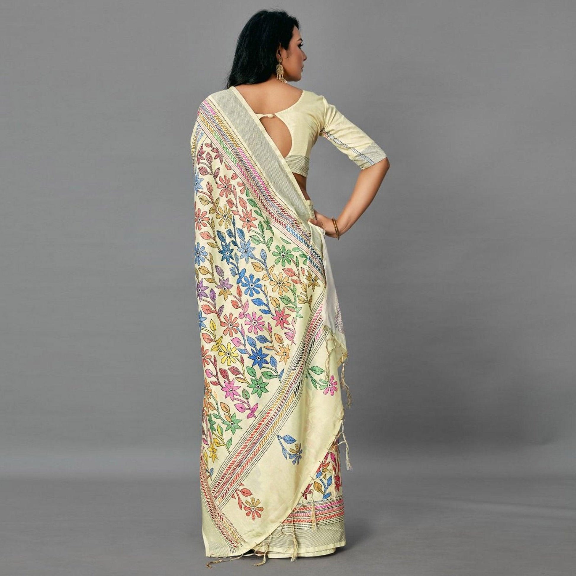 Cream  Casual Art Silk Printed Saree With Unstitched Blouse