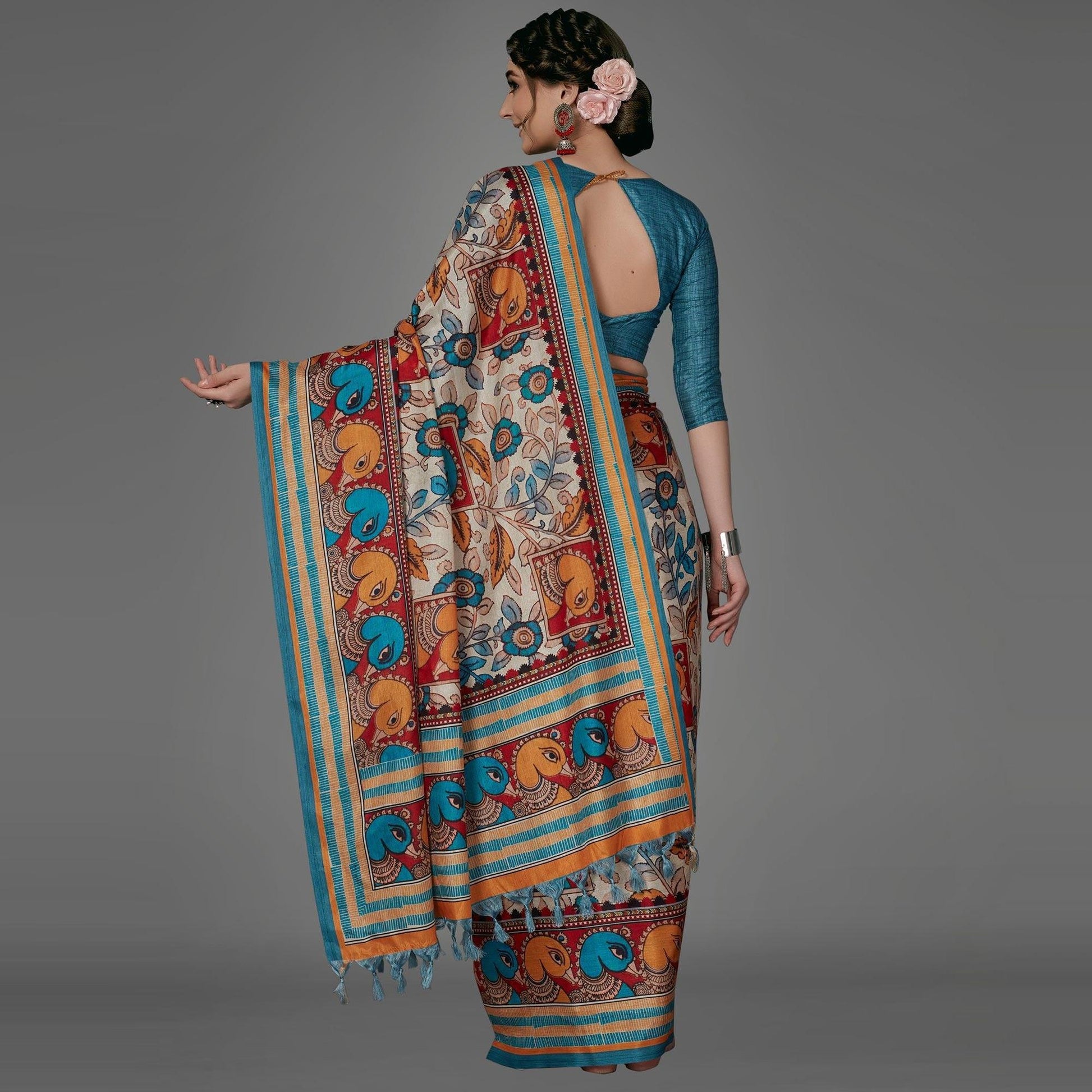 Cream Casual Art Silk Printed Saree With Unstitched Blouse