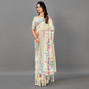 Cream Casual Art Silk Printed Saree With Unstitched Blouse