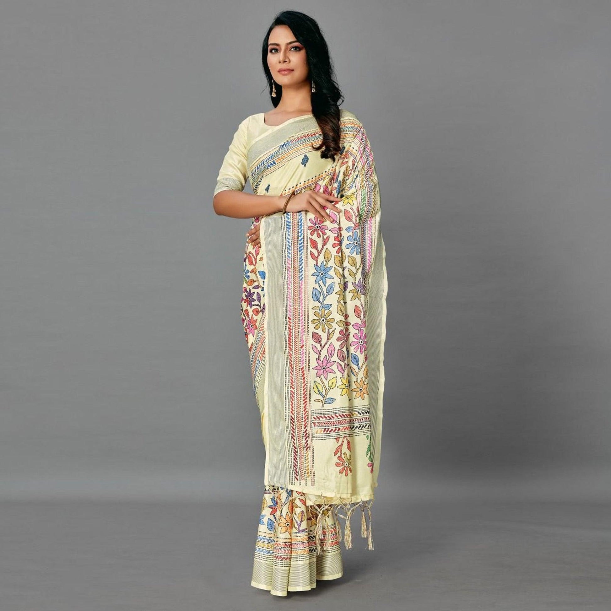 Cream  Casual Art Silk Printed Saree With Unstitched Blouse
