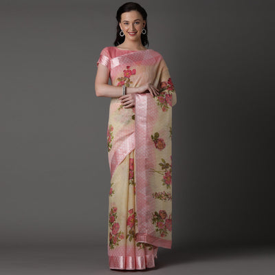 Cream Casual Cotton Silk with Satin Patta Printed Saree With Unstitched Blouse