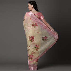 Cream Casual Cotton Silk with Satin Patta Printed Saree With Unstitched Blouse