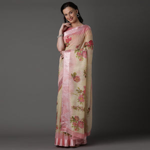 Cream Casual Cotton Silk with Satin Patta Printed Saree With Unstitched Blouse