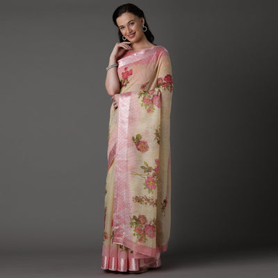 Cream Casual Cotton Silk with Satin Patta Printed Saree With Unstitched Blouse