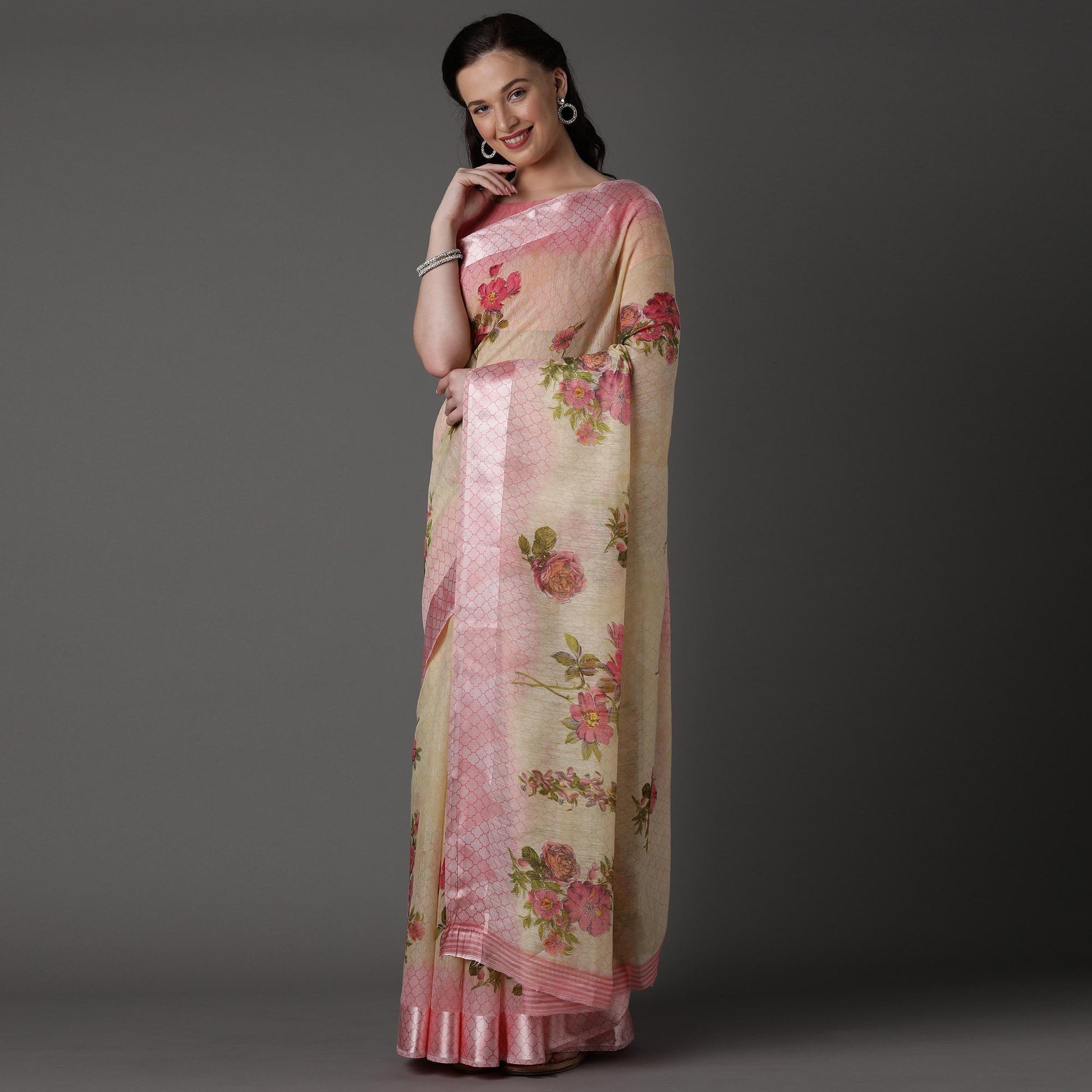 Cream Casual Cotton Silk with Satin Patta Printed Saree With Unstitched Blouse