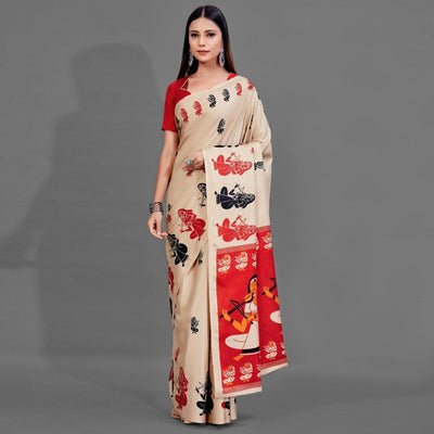 Cream Casual Manipuri Silk Saree With Unstitched Blouse