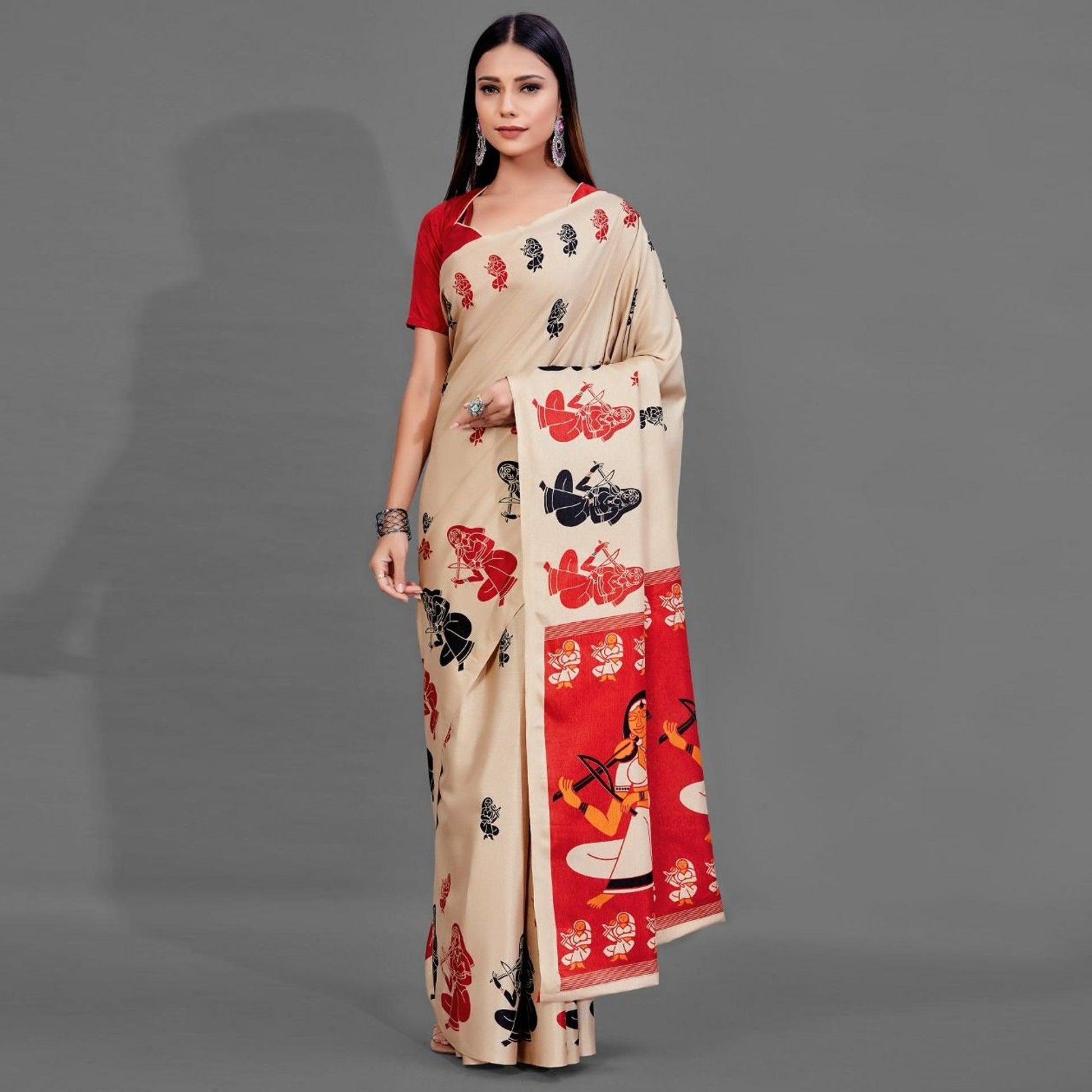 Cream Casual Manipuri Silk Saree With Unstitched Blouse