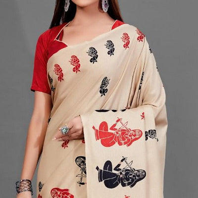 Cream Casual Manipuri Silk Saree With Unstitched Blouse