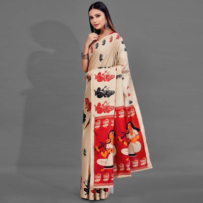 Cream Casual Manipuri Silk Saree With Unstitched Blouse