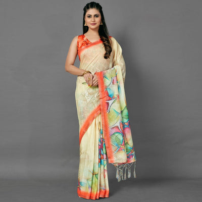 Cream Casual Pure Linen Digital Print Saree With Unstitched Blouse