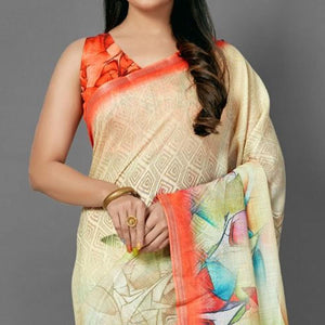 Cream Casual Pure Linen Digital Print Saree With Unstitched Blouse