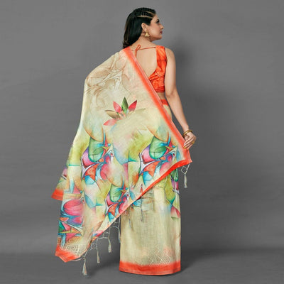 Cream Casual Pure Linen Digital Print Saree With Unstitched Blouse