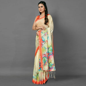 Cream Casual Pure Linen Digital Print Saree With Unstitched Blouse