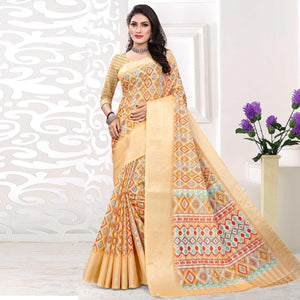 Cream Casual Wear Digital Printed Cotton Silk Saree