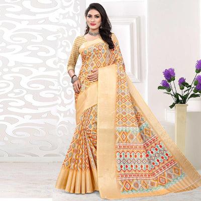 Cream Casual Wear Digital Printed Cotton Silk Saree