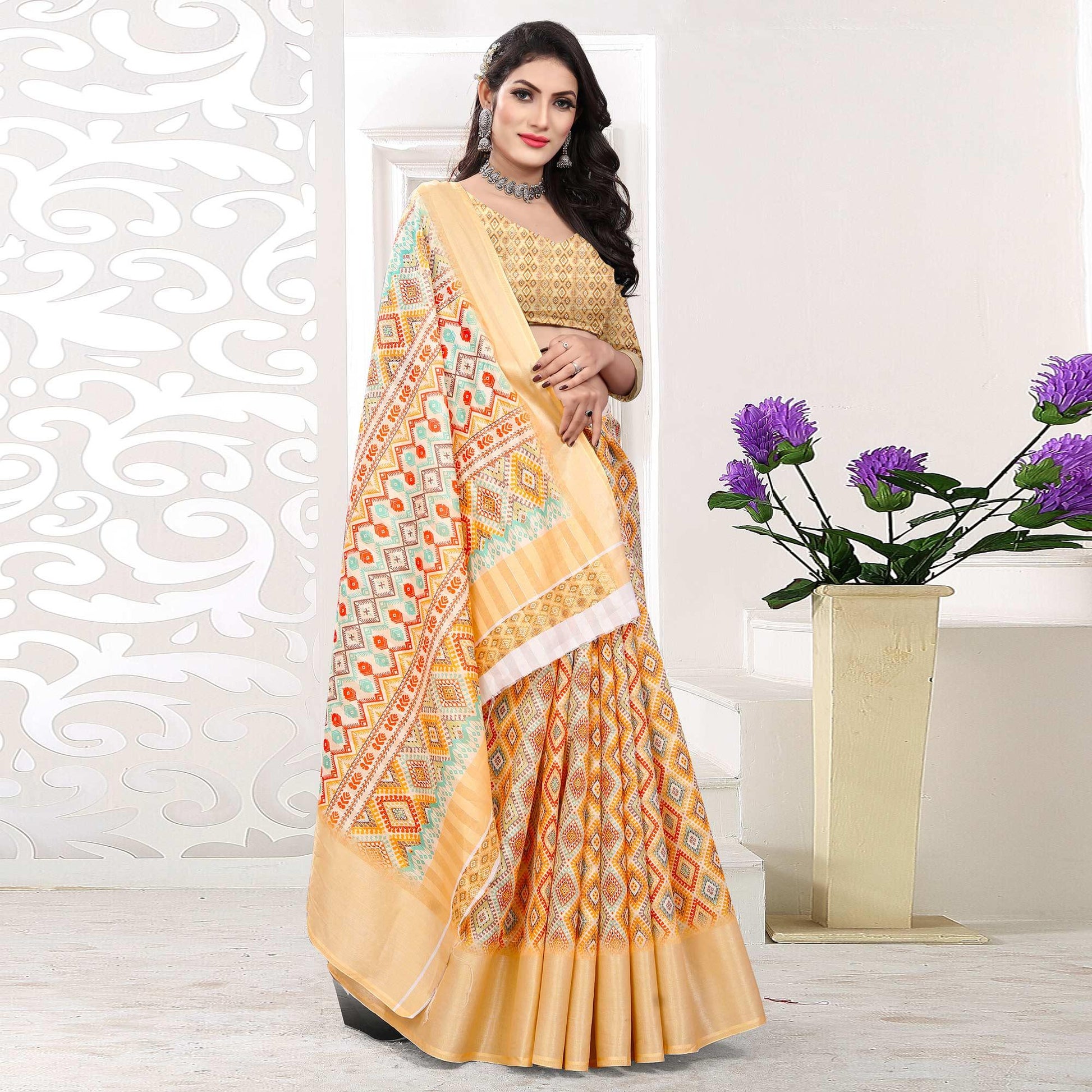 Cream Casual Wear Digital Printed Cotton Silk Saree