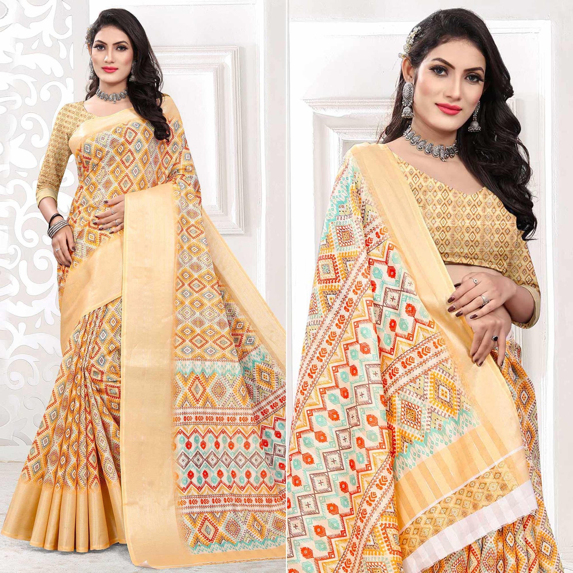 Cream Casual Wear Digital Printed Cotton Silk Saree