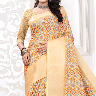 Cream Casual Wear Digital Printed Cotton Silk Saree