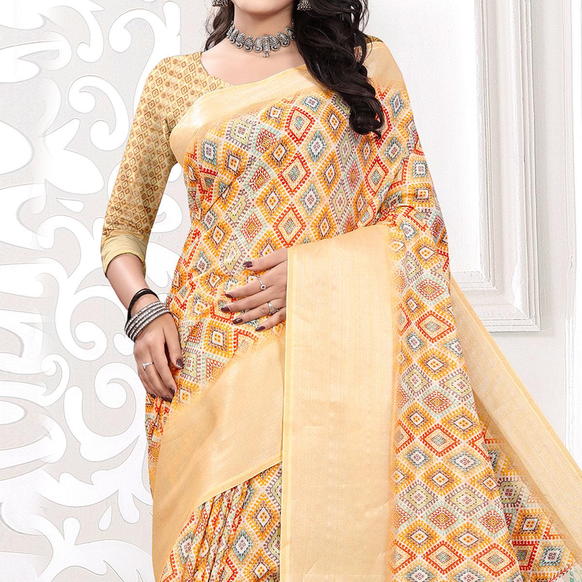 Cream Casual Wear Digital Printed Cotton Silk Saree