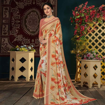 Cream Casual Wear Digital Printed Georgette Saree