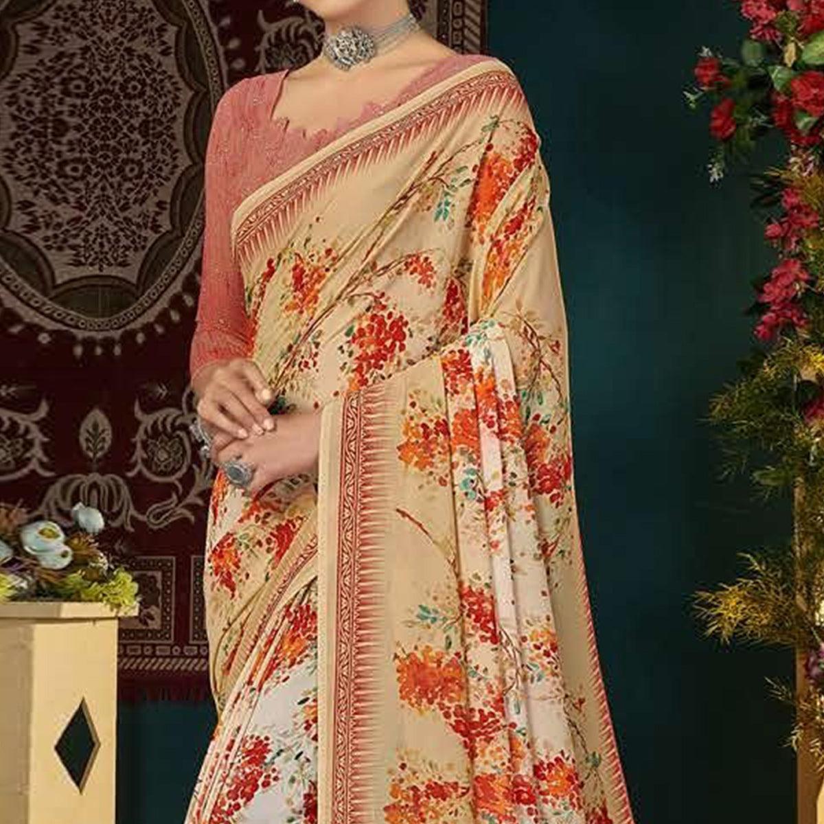 Cream Casual Wear Digital Printed Georgette Saree
