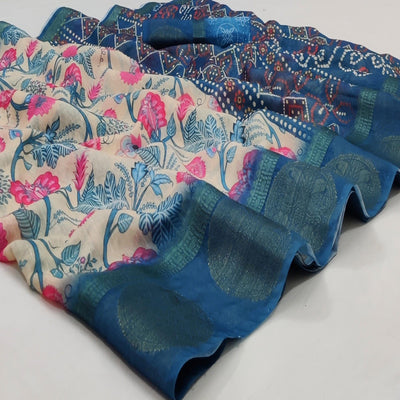 Cream Casual Wear Digital Printed Linen Saree Woven Border