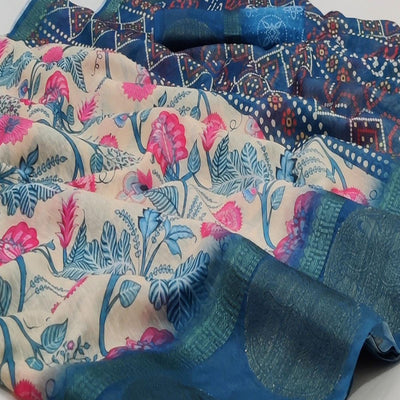 Cream Casual Wear Digital Printed Linen Saree Woven Border