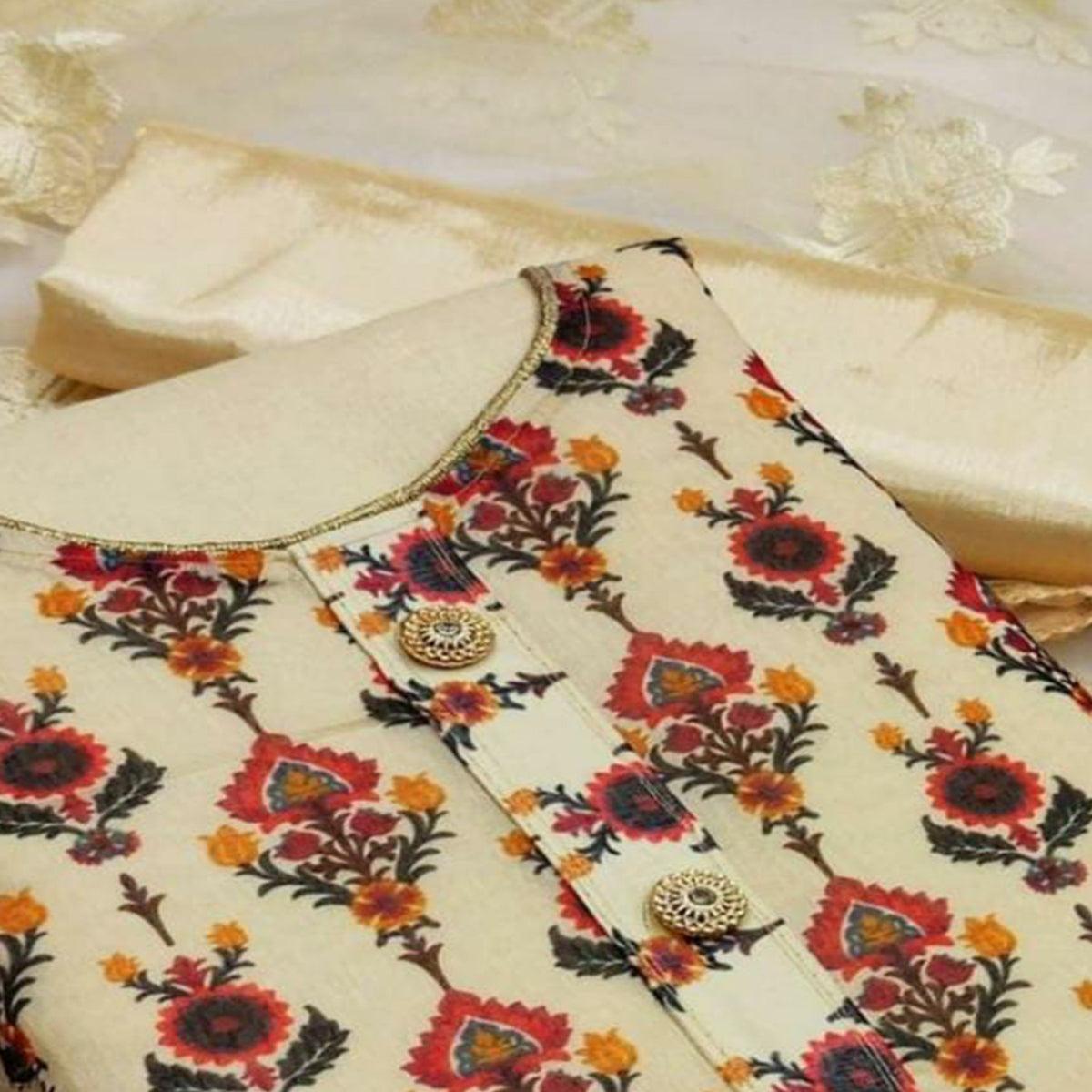 Cream Casual Wear Digital Printed Modal Chanderi  Dress Material
