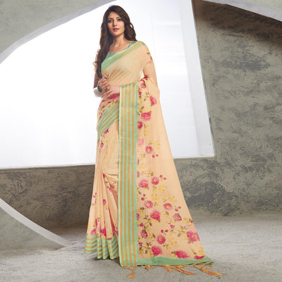 Cream Casual Wear Digital Printed Pure Linen Saree