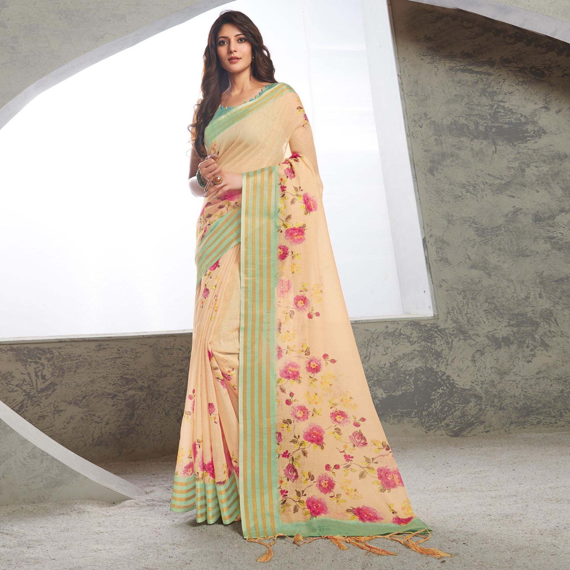 Cream Casual Wear Digital Printed Pure Linen Saree