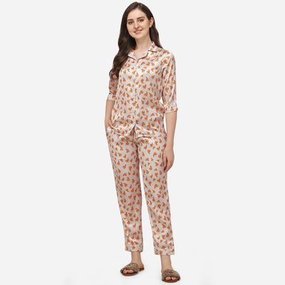 Cream Casual Wear Digital Printed Satin Night Suit