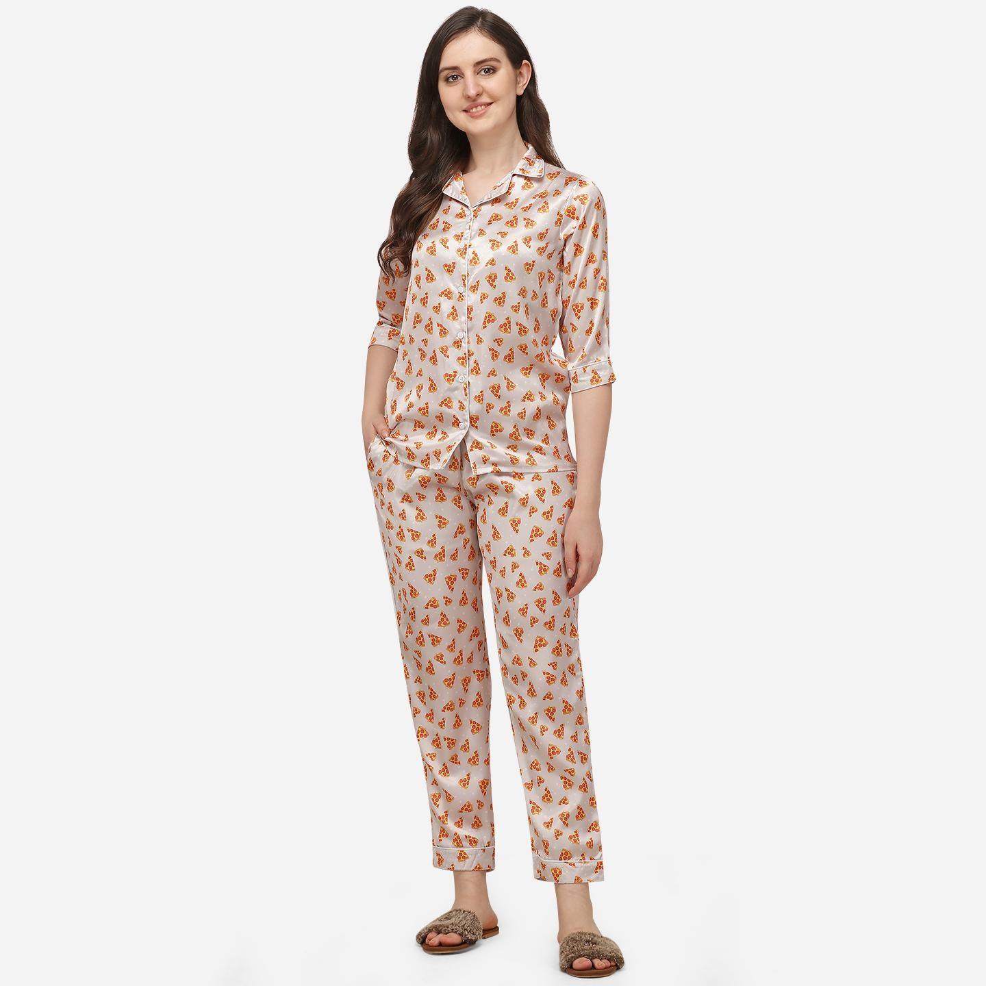 Cream Casual Wear Digital Printed Satin Night Suit