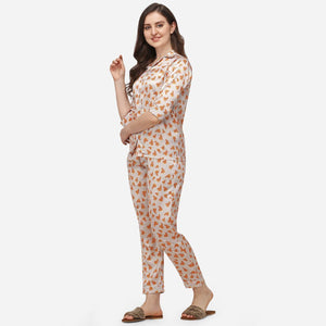 Cream Casual Wear Digital Printed Satin Night Suit