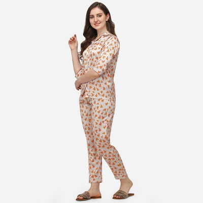 Cream Casual Wear Digital Printed Satin Night Suit