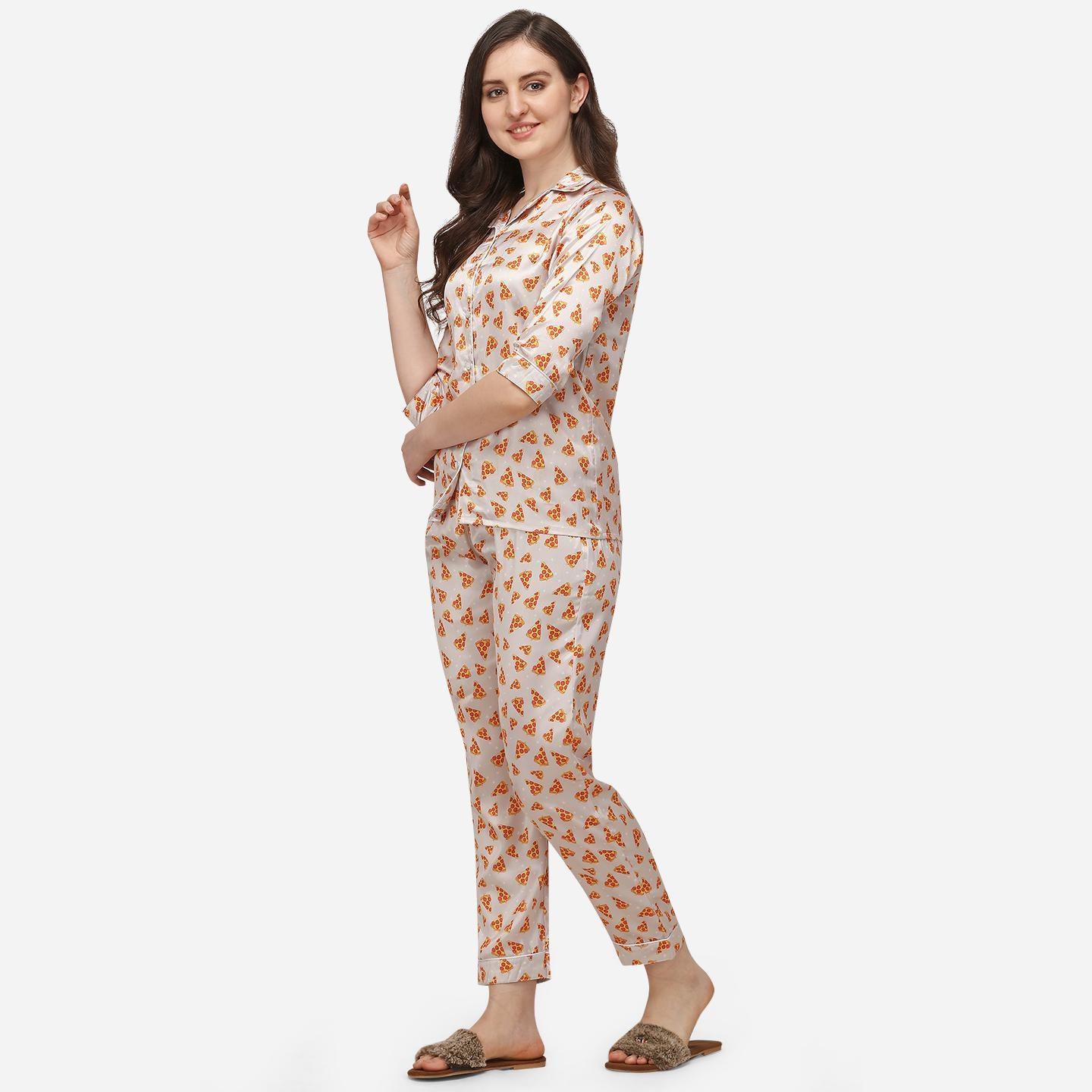 Cream Casual Wear Digital Printed Satin Night Suit