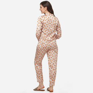 Cream Casual Wear Digital Printed Satin Night Suit