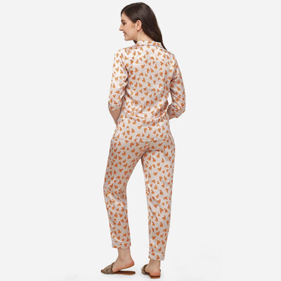 Cream Casual Wear Digital Printed Satin Night Suit