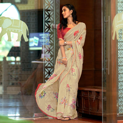 Cream Casual Wear Digital Printed Soft Organza Saree