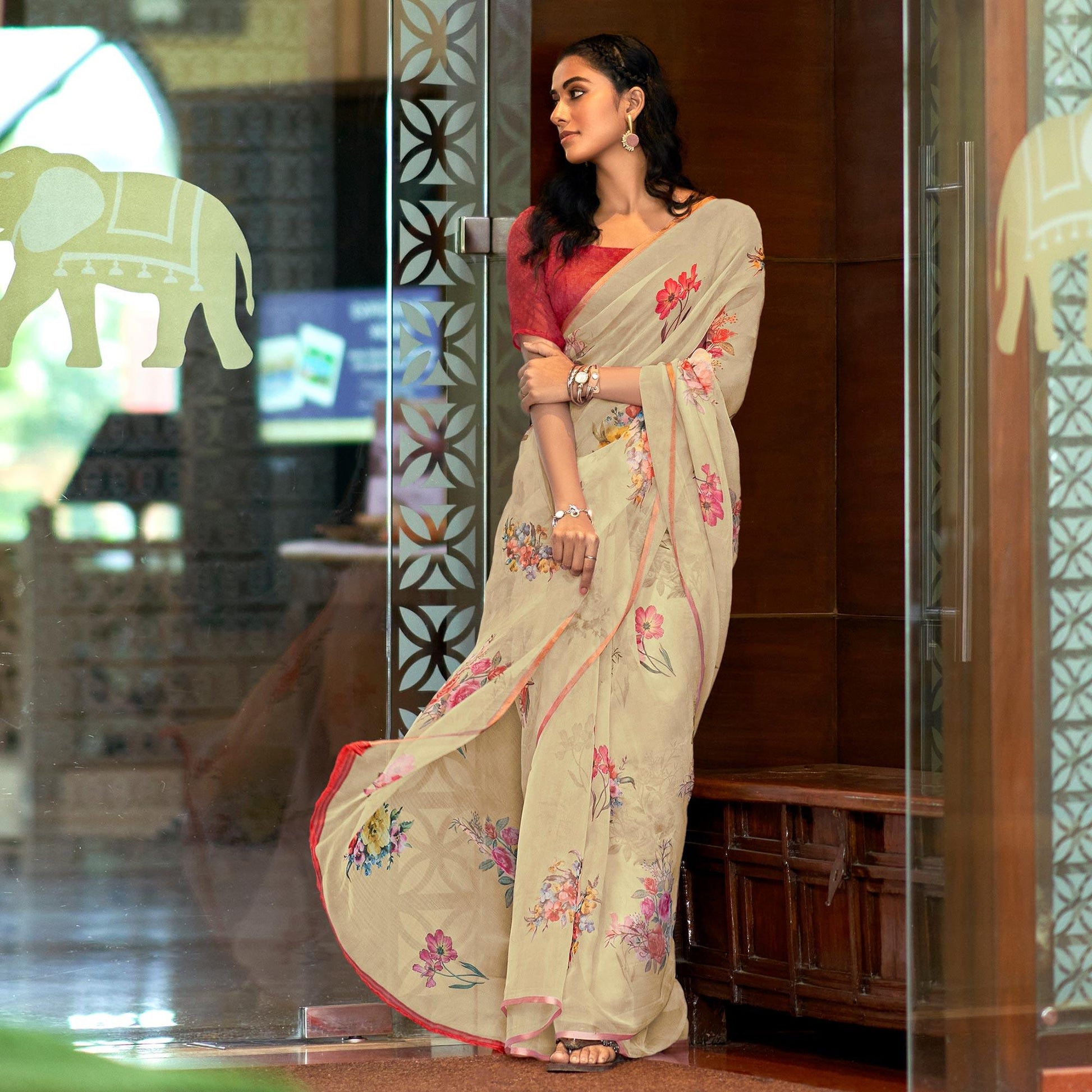 Cream Casual Wear Digital Printed Soft Organza Saree