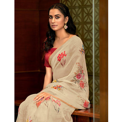Cream Casual Wear Digital Printed Soft Organza Saree